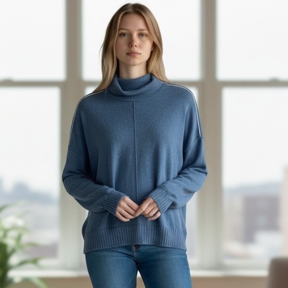 Lilla P Blue Cotton Modal Turtleneck Sweater Oversized Center Seam Medium